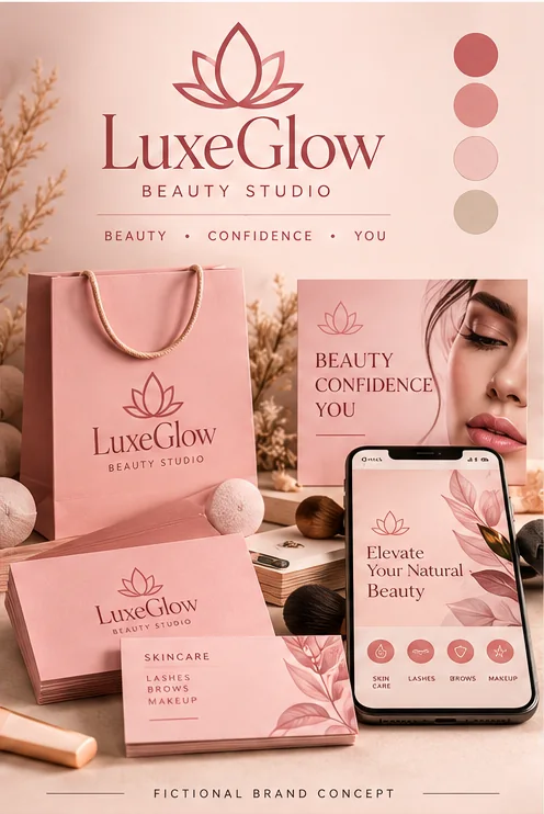 Fictional LuxeGlow beauty studio branding concept