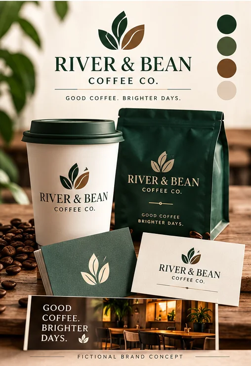 River & Bean fictional coffee brand concept with packaging, menu graphics and colors